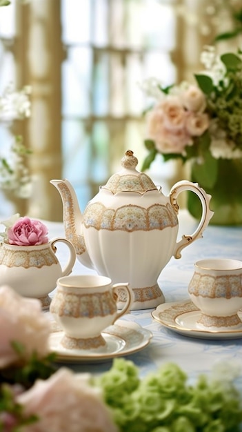 Чайный сервиз с цветочным орнаментом и чайником.