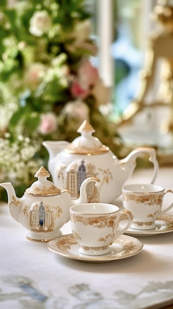 A tea set with a rosette and a bouquet of roses.