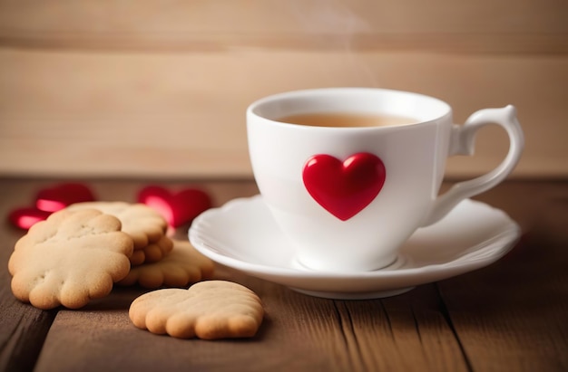 Photo tea set with tasty homemade heart shaped cookies from shortbread dough white cup sweet desserts on white wooden table valentines day festive mood valentines day concept pastry shop love card