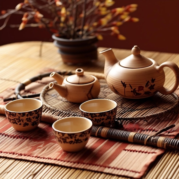 A tea set with a tea pot and tea cups on a table.