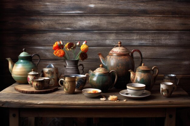 Чайный сервиз с чайниками и блюдцами на деревенском столе, созданный с помощью генеративного ИИ