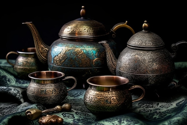 A tea set with a teapot and cups on a table