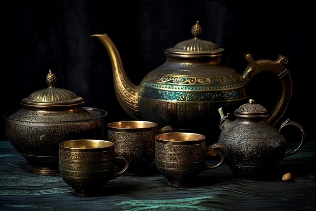 A tea set with a teapot and cups on a table