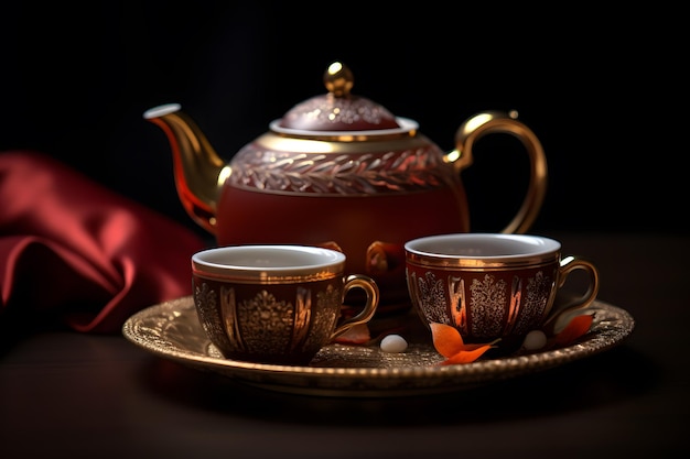 A tea set with a teapot and cups