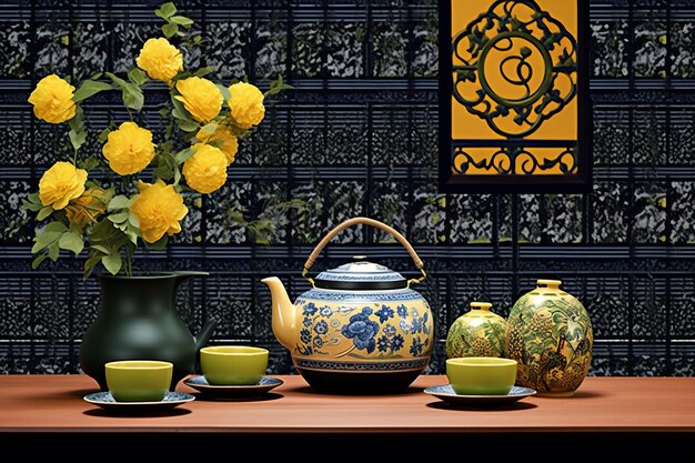 Tea set with yellow roses and teapot