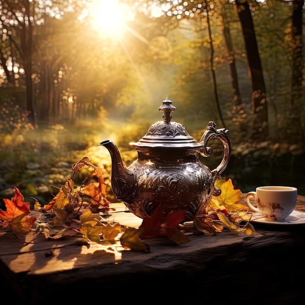 Tea setting in outdoor location with natural elements