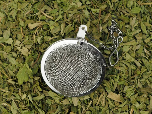 Tea strainer against dried stevia leaves