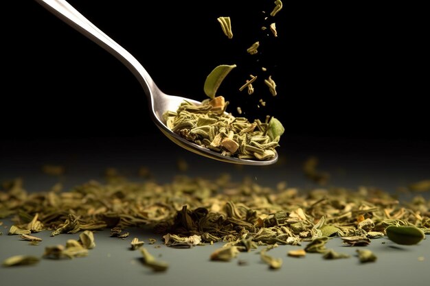 Tea strands falling to a spoon