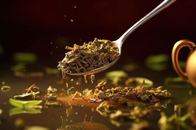 Tea strands on a metal spoon