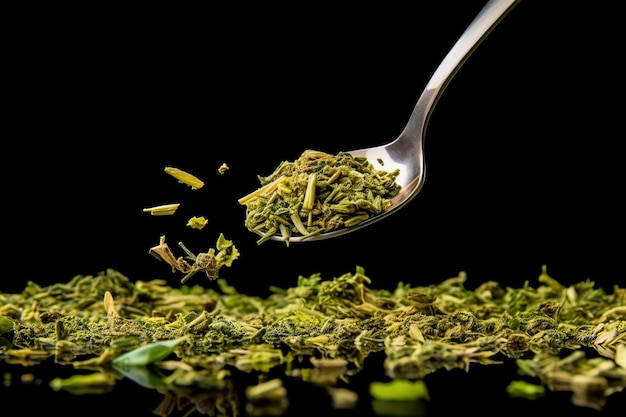 Tea strands on a metallic spoon over a black background