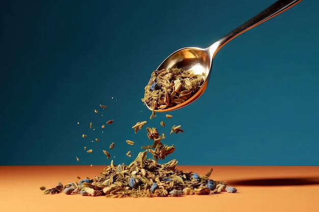 Tea strands on a spoon with a studio background