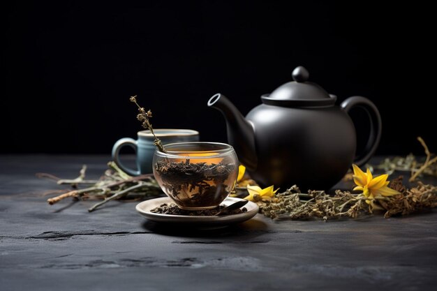 Tea teapot and cup of tea with mint