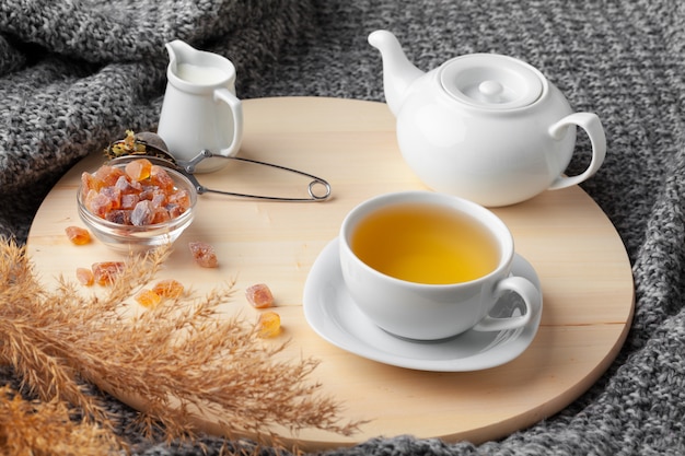 Tea time. Cup of tea on a beautifully decorated table