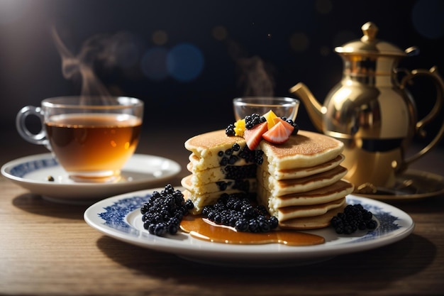 Tea Time Delight Pancake with Caviar and a Steaming Cup