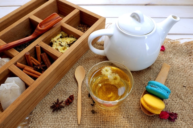 Tea time set in wooden box and tea pot with cup top view