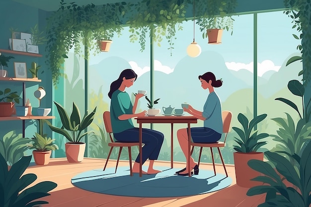Tea Time Tranquility Flat Vector Illustration of Serene Workspace with Plants and Calming Colors