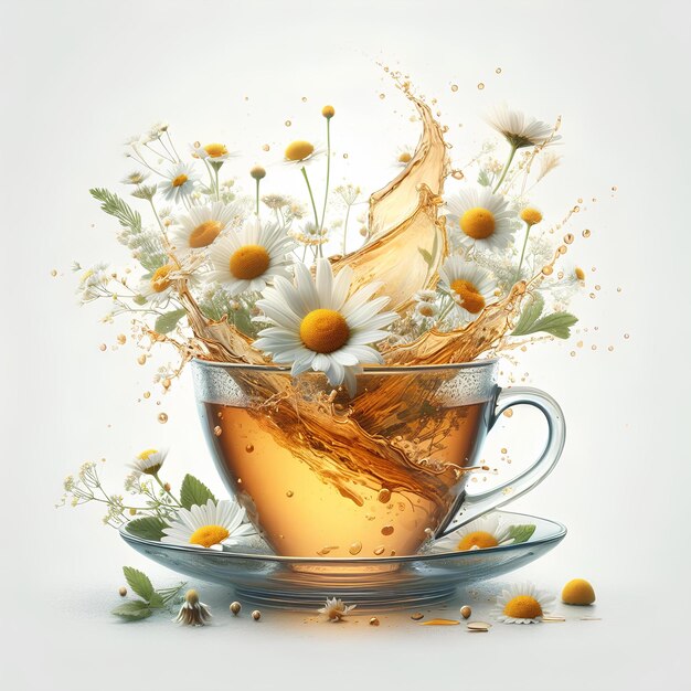 Прозрачная чайная чашка с ромашковым чайным брызгом, изолированным на белом фоне