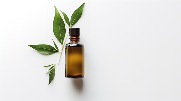 Tea tree oil against a white backdrop with tea tree leaves copy space herbal oil skincare Generative AI