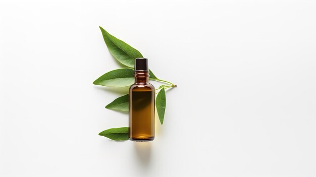 Tea tree oil against a white backdrop with tea tree leaves copy space herbal oil skincare Generative AI