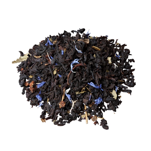 Tea with dried orange and cornflower petals background