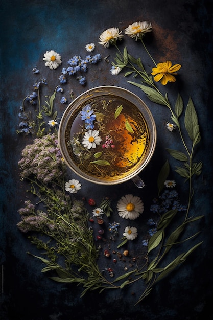 Tea with herbs and flowers in a cup top view Generative AI