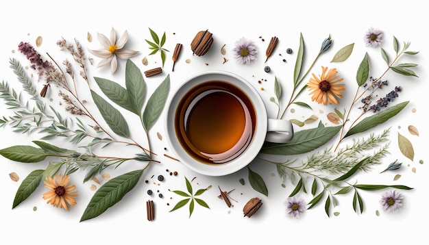 Tea with herbs and flowers in a cup top view Generative AI