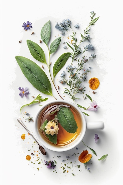 Tea with herbs and flowers in a cup top view Generative AI