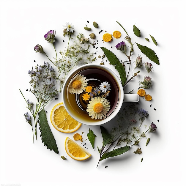 Tea with herbs and flowers in a cup top view Generative AI