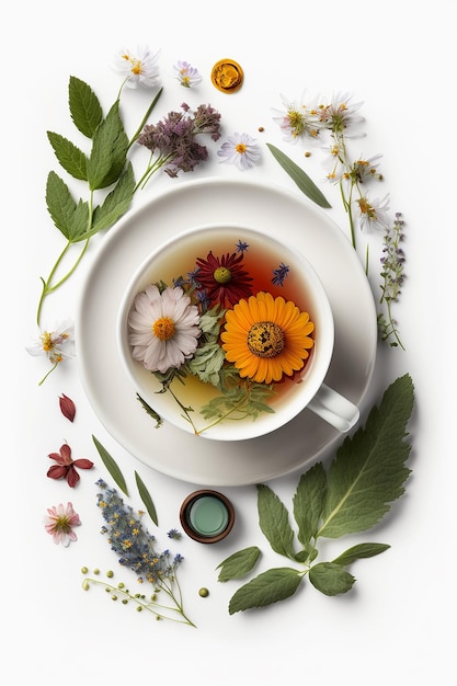 Tea with herbs and flowers in a cup top view Generative AI