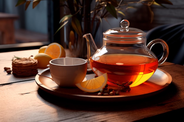 Tea with honey and lemon A jar of honey on the table near the tea