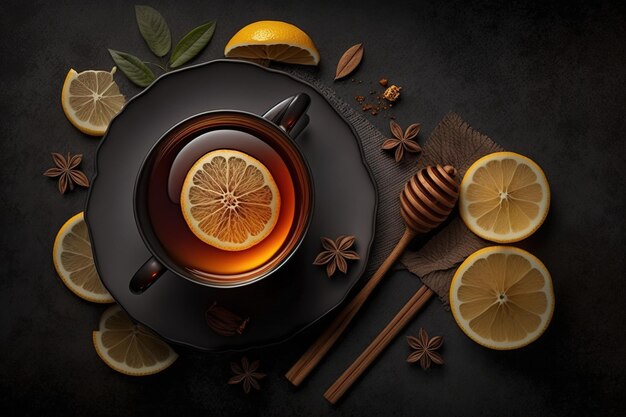 Tea with lemon and cinnamon seen from above sitting in a black mug