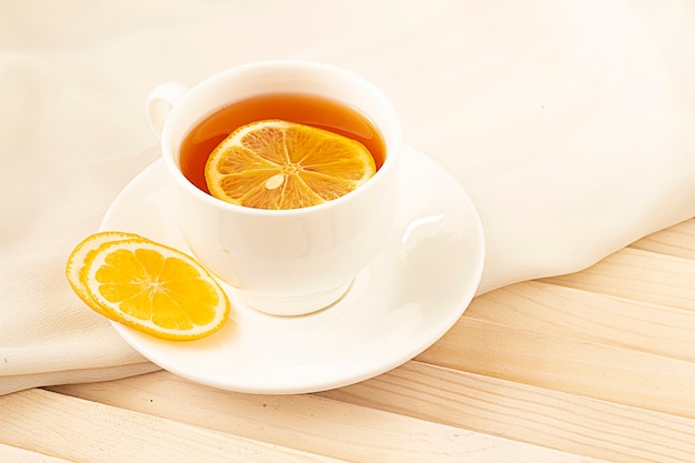 tea with lemon on a light and wooden table