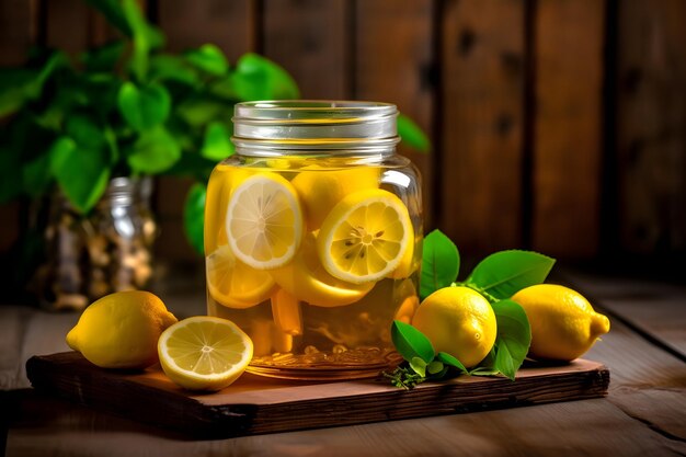 Tea with lemon and mint in a glass jar on a wooden background