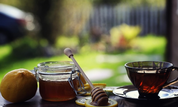 Tea with lemon and mint in nature. A cup of hot mint tea with lemon and honey in jar. Lemon slices and a spoon with honey to hot tea.