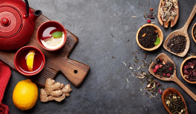 tea with lemon and mint and teapot
