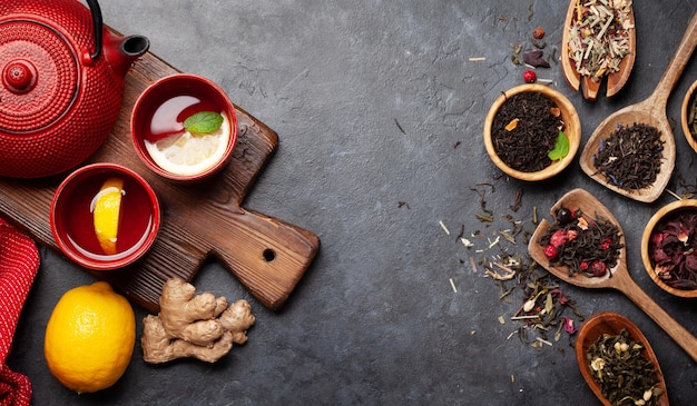 Tea with lemon and mint and teapot