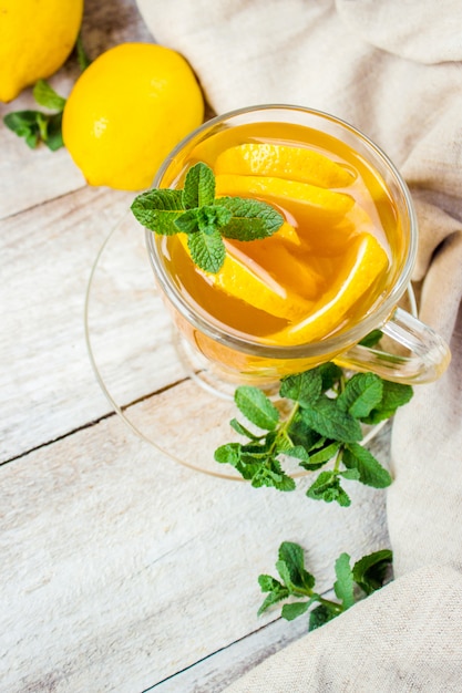 Tea with mint and lemon. Selective focus.