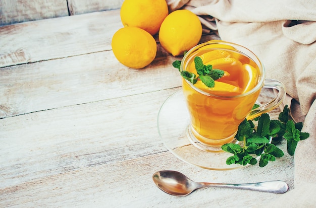 Tea with mint and lemon. Selective focus.