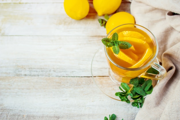 Tea with mint and lemon. Selective focus.