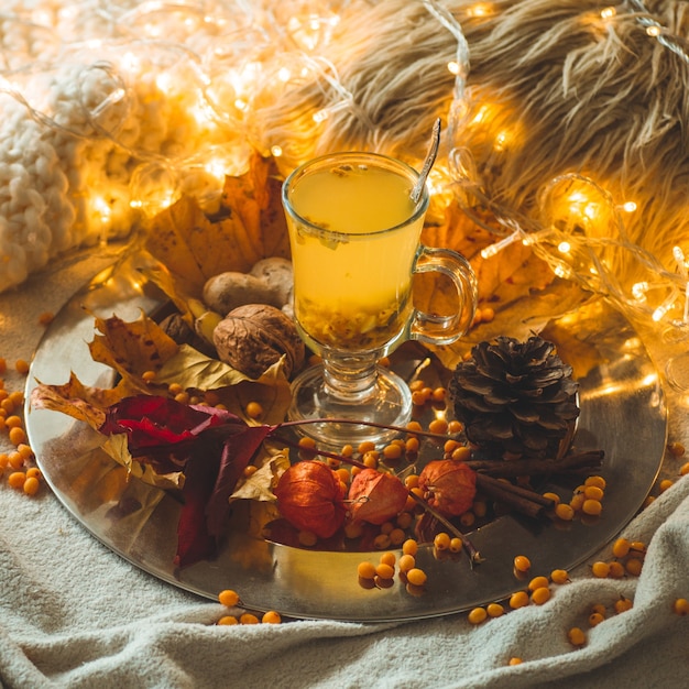 Tè con bacche di olivello spinoso e zenzero su libri antichi, miele, candela e foglie d'autunno. l'atmosfera di comfort a casa. calda casa accogliente.