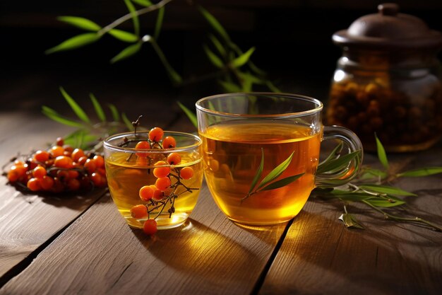 Photo tea with sea buckthorn in glass and honey