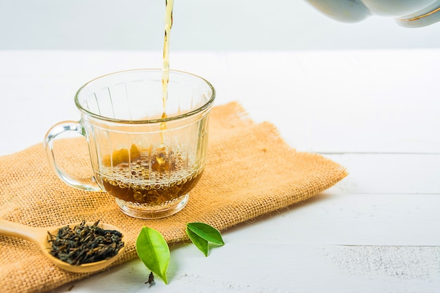 Tea with  Tea glass on white wood 