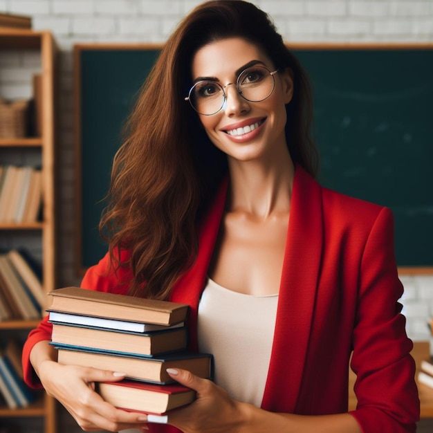 Teacher and books realistic photo