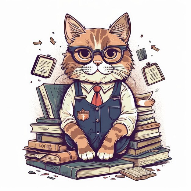 teacher cat flat illustration drawn in adobe illustrator