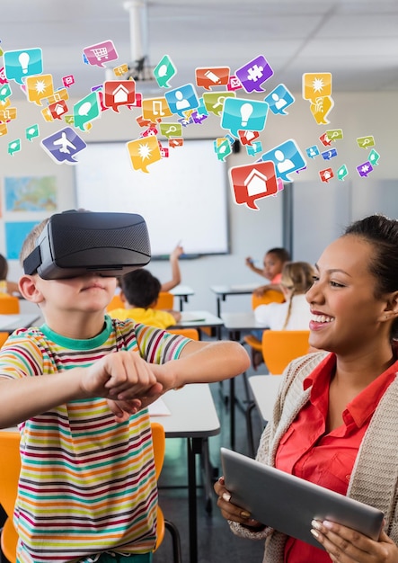 Foto insegnante e bambino che indossano un visore per realtà virtuale vr con interfaccia