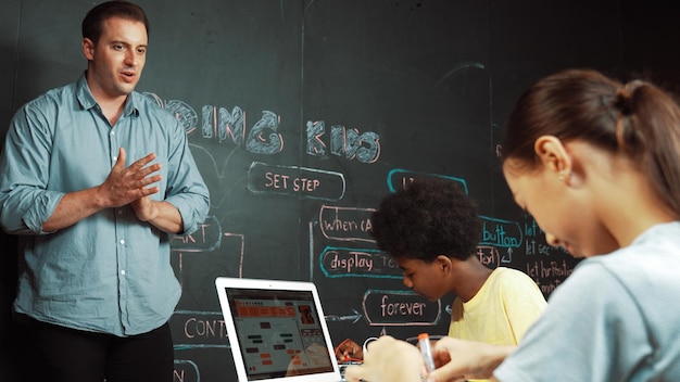 Teacher clap hands to applause student to encourage coding prompt Edification