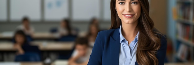 a teacher in a classroom with students in the background.