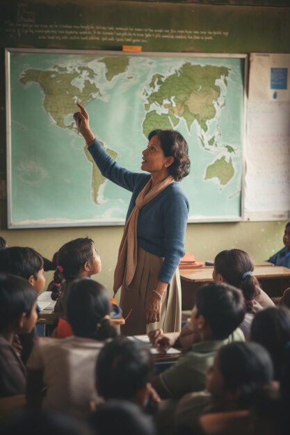 Teacher in a classroom with a world map in the background.