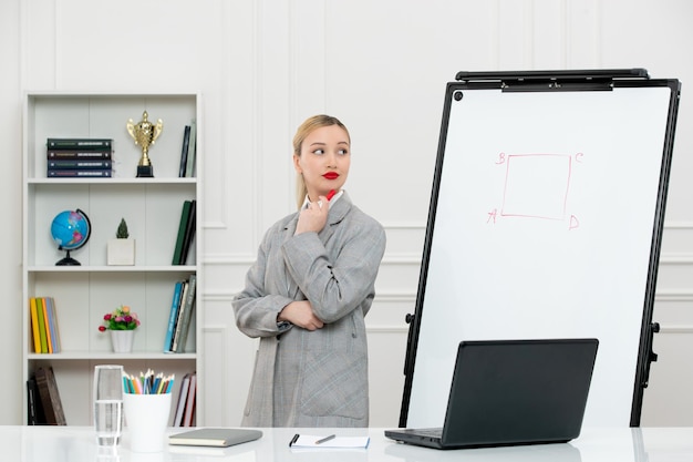 Teacher cute instructor in suit in classrom with computer and whiteboard looking far