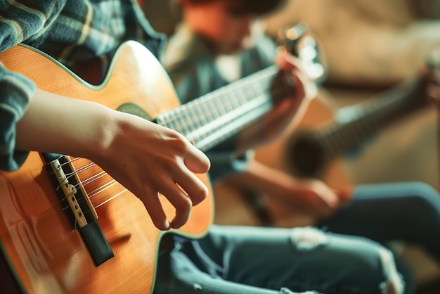 教師は指の位置を示し学生は学習に没頭してアコースティックギターを弾く
